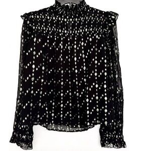 Elan Black Sheer Metallic Dot Smocked Yoke Blouse